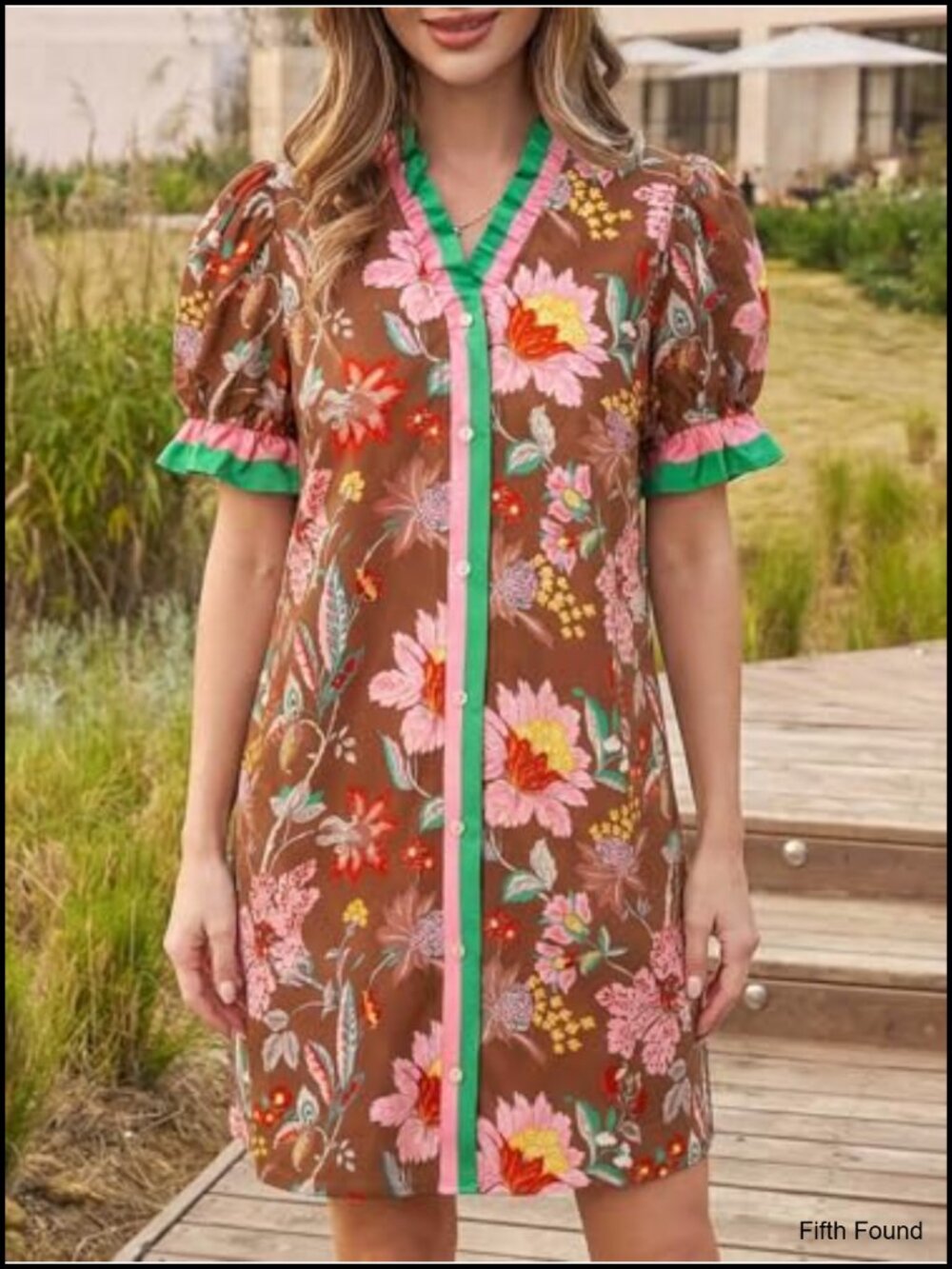 Women's Floral Puff Sleeve V-Neck Button Down Ruffle Shift Mini Dress with - Picture 2 of 6